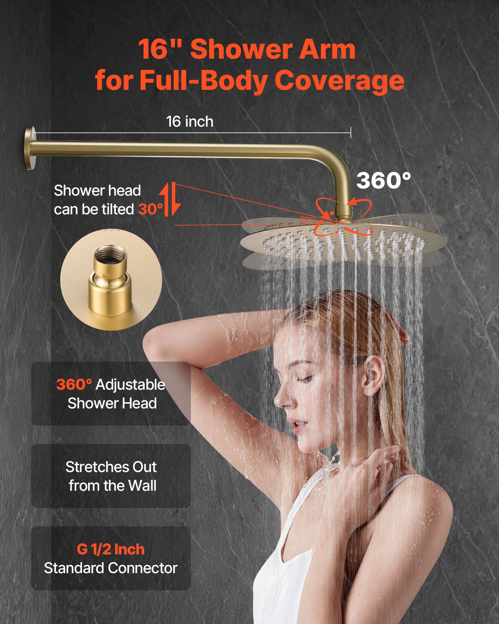 Vevor - VEVOR Kit de Douche avec Douchette de Tête Ronde 25,4 cm et à Main Or Brossé - Image 4