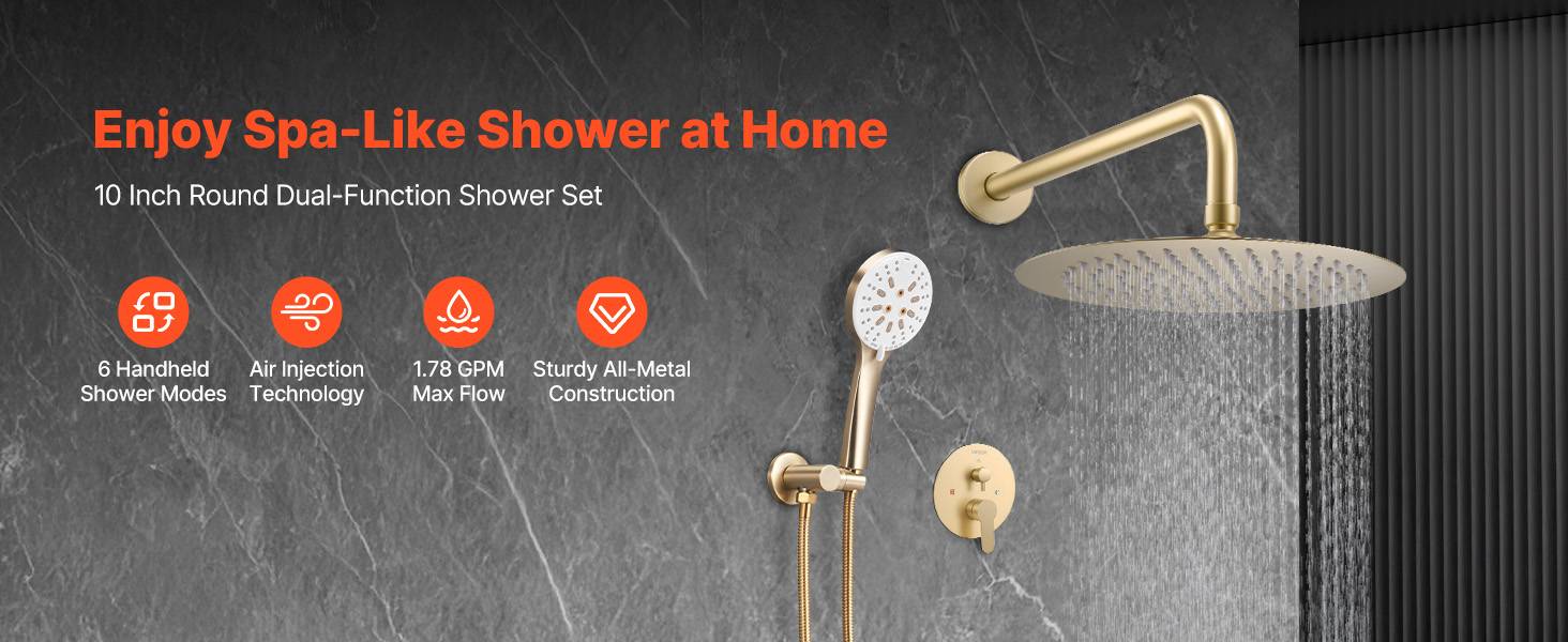 Vevor - VEVOR Kit de Douche avec Douchette de Tête Ronde 25,4 cm et à Main Or Brossé - Image 9