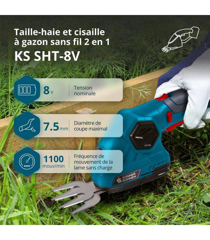 Taille-haie et cisaille à gazon 2 en 1 sans fil avec manche télescopique Könner & Söhnen KS SHT-8V + Extension Pole - Image 2
