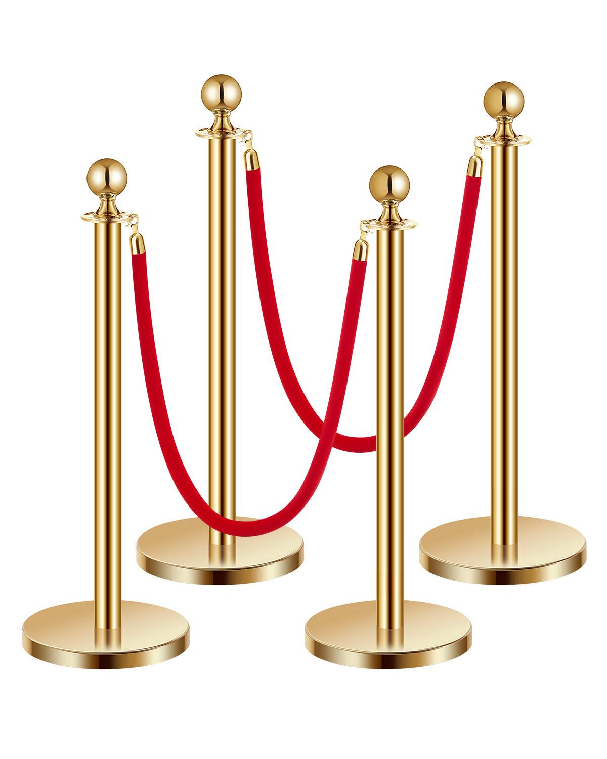 VEVOR Poteaux guidage (4pcs) avec 2 cordes velours rouge, base creuse, acier inox doré, pour file d'attente, hôtel/fête. - Image 1