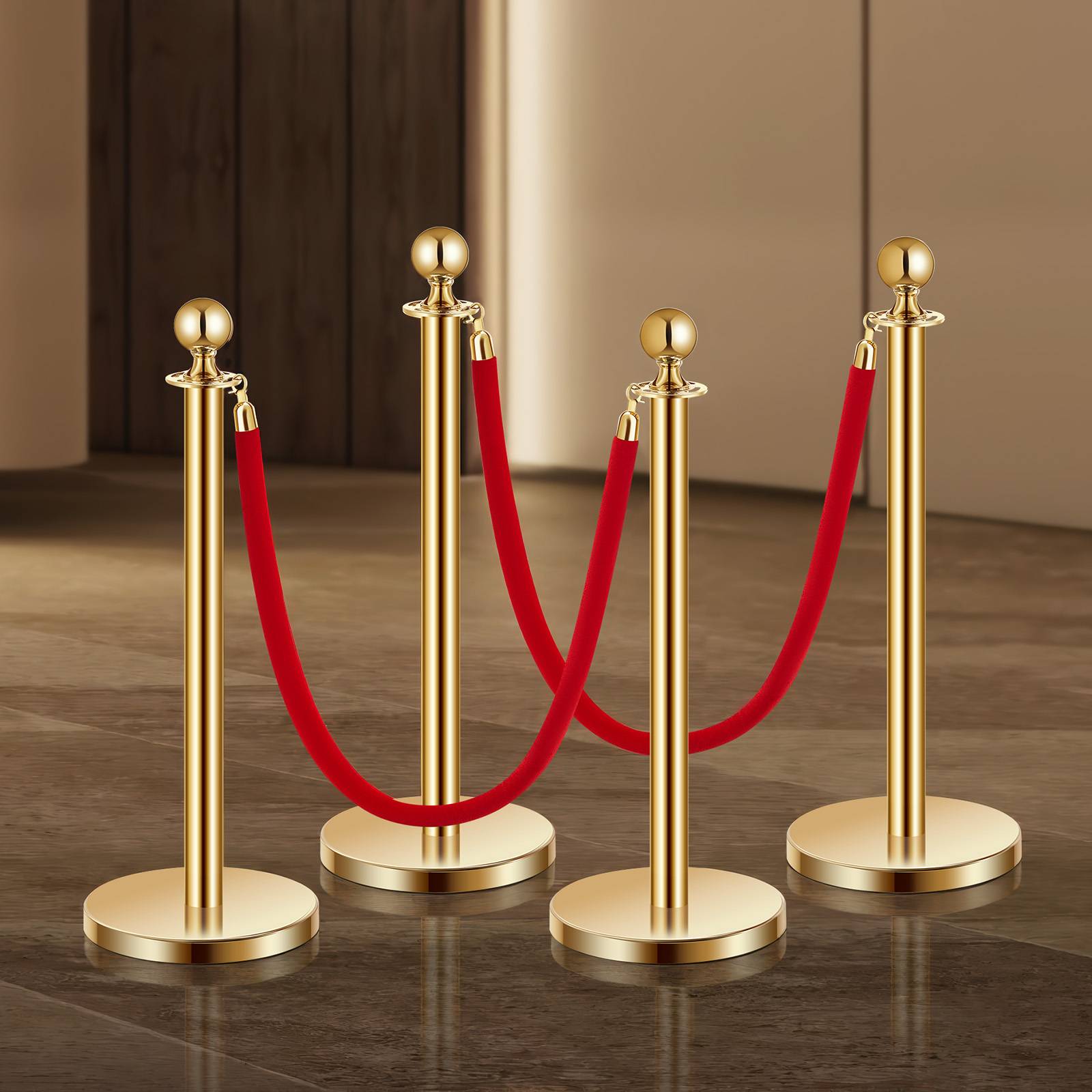 VEVOR Poteaux guidage (4pcs) avec 2 cordes velours rouge, base creuse, acier inox doré, pour file d'attente, hôtel/fête. - Image 8