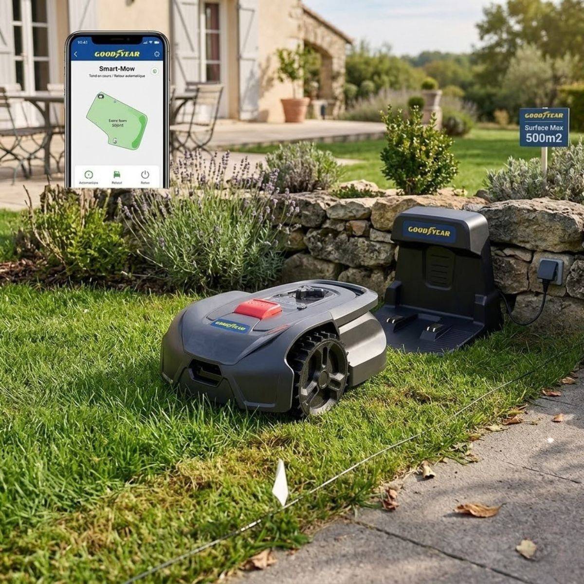 Robot Tondeuse Sans fil 500m2 Installation facile 3 lames Mulching Coupe Ø18cm 45% Retour à la base Autonome GOODYEAR - Image 5