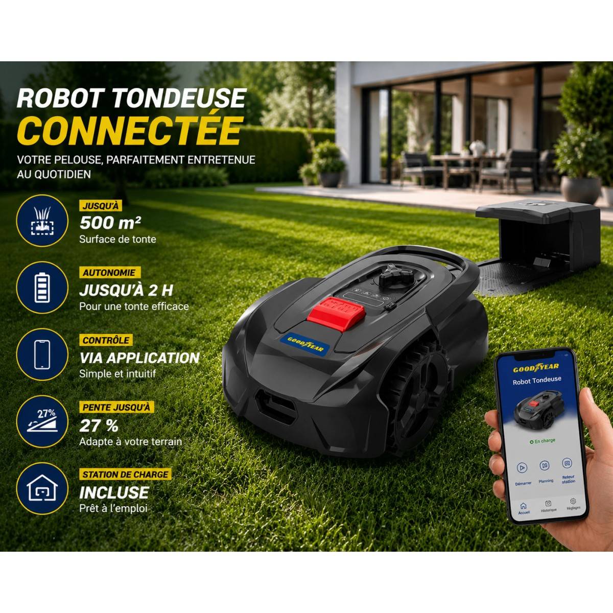 Robot Tondeuse Sans fil 500m2 Installation facile 3 lames Mulching Coupe Ø18cm 45% Retour à la base Autonome GOODYEAR - Image 2