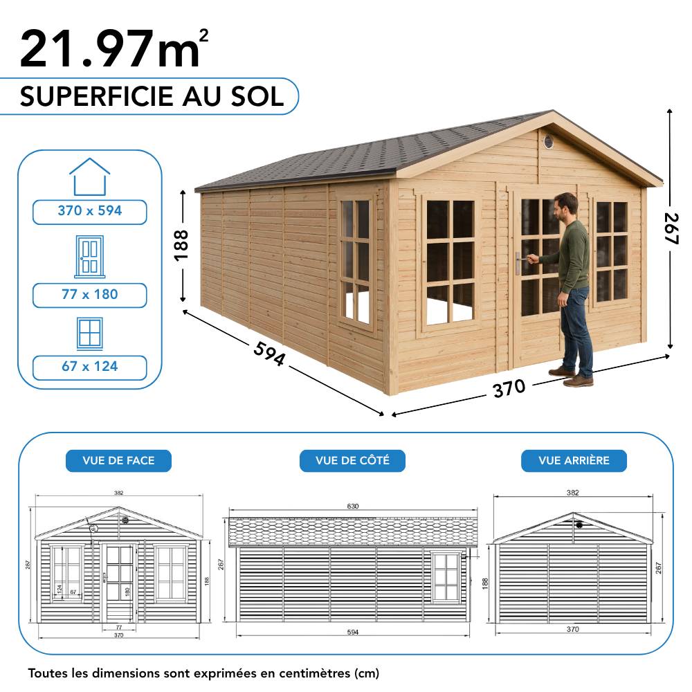 Timbela - Abri de jardin en bois - 21,97 m² - 630x382xH267 cm - sans plancher avec bardeaux bitumineux couleur gris - 17 mm d’épaisseur - Timbela M737 - Image 6
