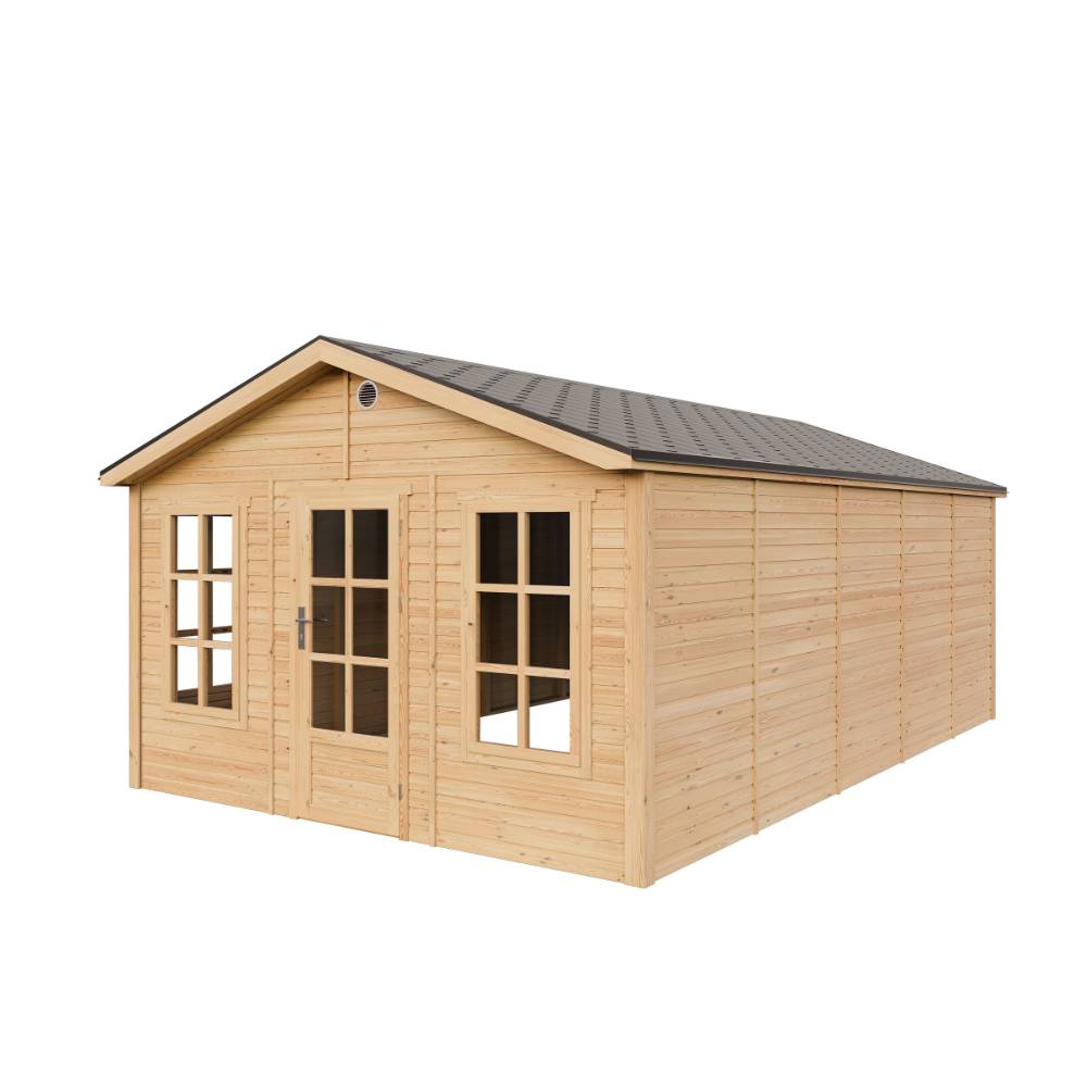 Timbela - Abri de jardin en bois - 21,97 m² - 630x382xH267 cm - sans plancher avec bardeaux bitumineux couleur gris - 17 mm d’épaisseur - Timbela M737 - Image 4