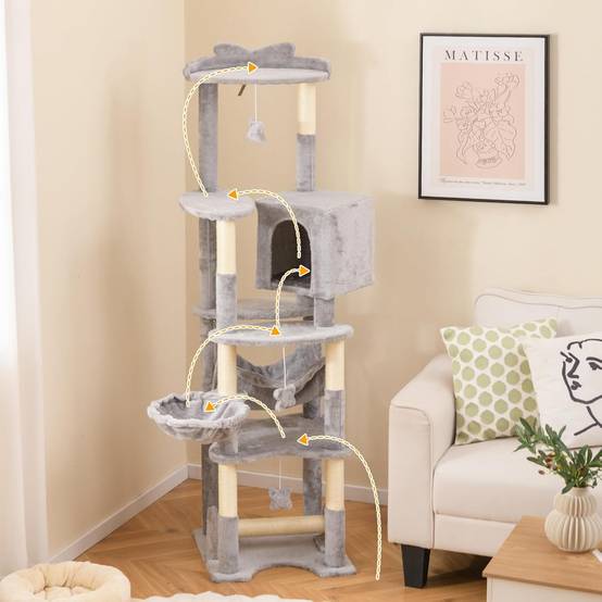 COSTWAY Arbre à Chat XXL 176 cm, 7 Poteaux à Griffer en Sisal, 6 Plateformes, Condo, Hamac, Panier, 3 Pompons, Dispositif Anti-basculement, Gris - Image 9