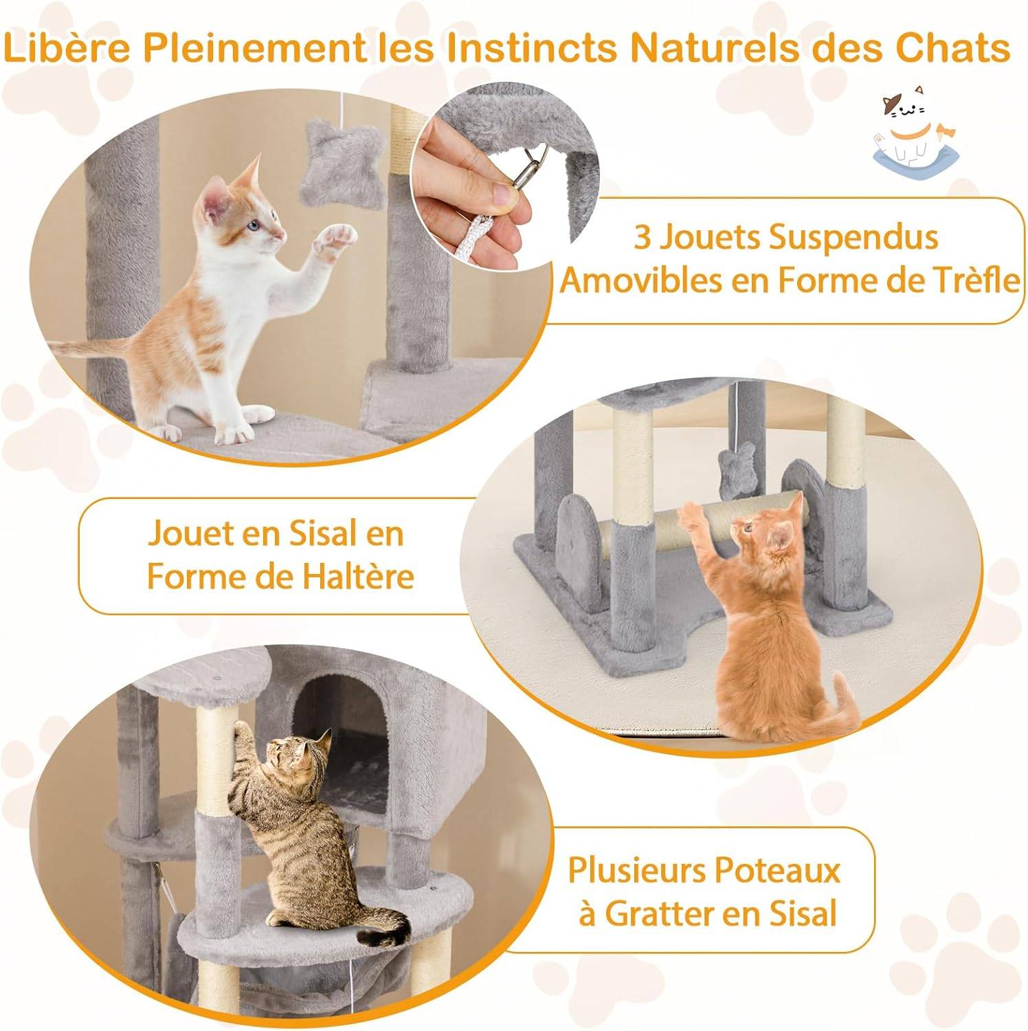 COSTWAY Arbre à Chat XXL 176 cm, 7 Poteaux à Griffer en Sisal, 6 Plateformes, Condo, Hamac, Panier, 3 Pompons, Dispositif Anti-basculement, Gris - Image 7