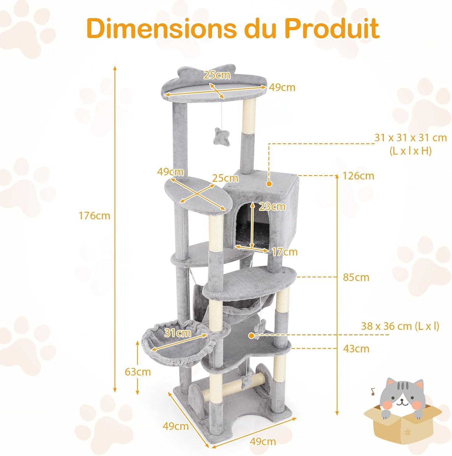 COSTWAY Arbre à Chat XXL 176 cm, 7 Poteaux à Griffer en Sisal, 6 Plateformes, Condo, Hamac, Panier, 3 Pompons, Dispositif Anti-basculement, Gris - Image 4