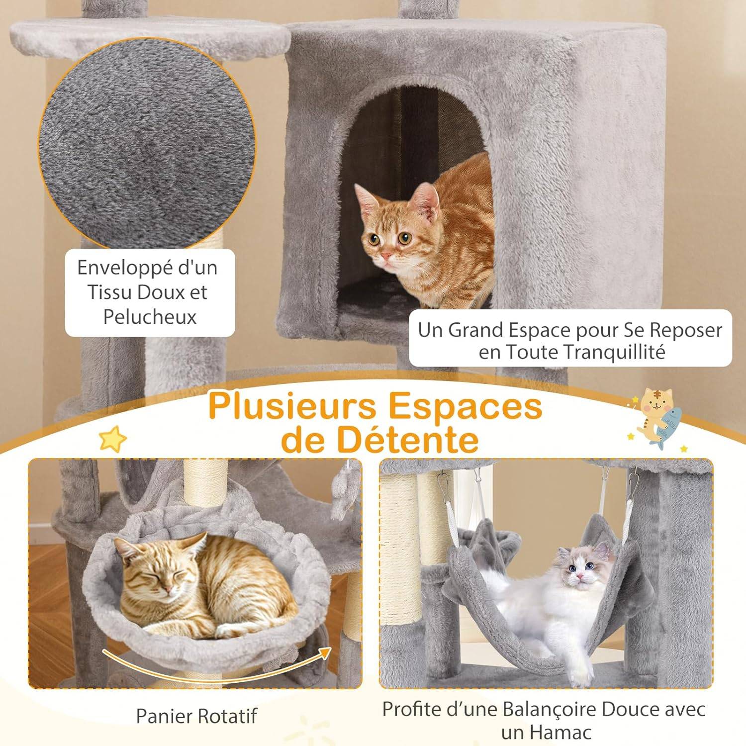COSTWAY Arbre à Chat XXL 176 cm, 7 Poteaux à Griffer en Sisal, 6 Plateformes, Condo, Hamac, Panier, 3 Pompons, Dispositif Anti-basculement, Gris - Image 6