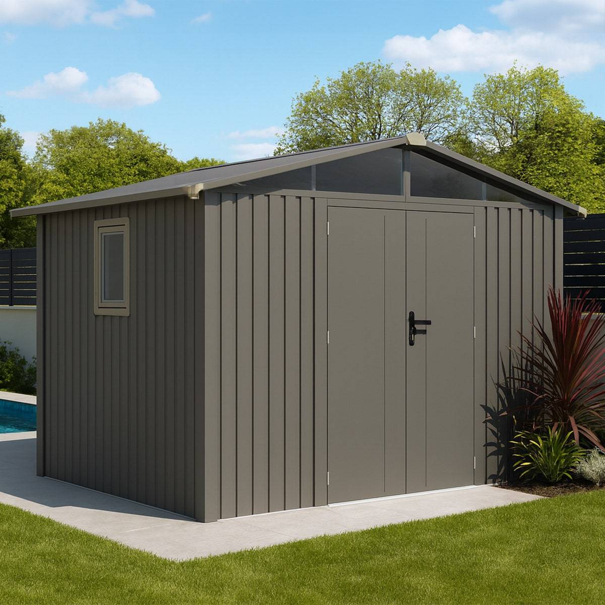 Trigano Jardin - Abri de jardin métal taupe 5.71 m² + kit d'ancrage - Image 1