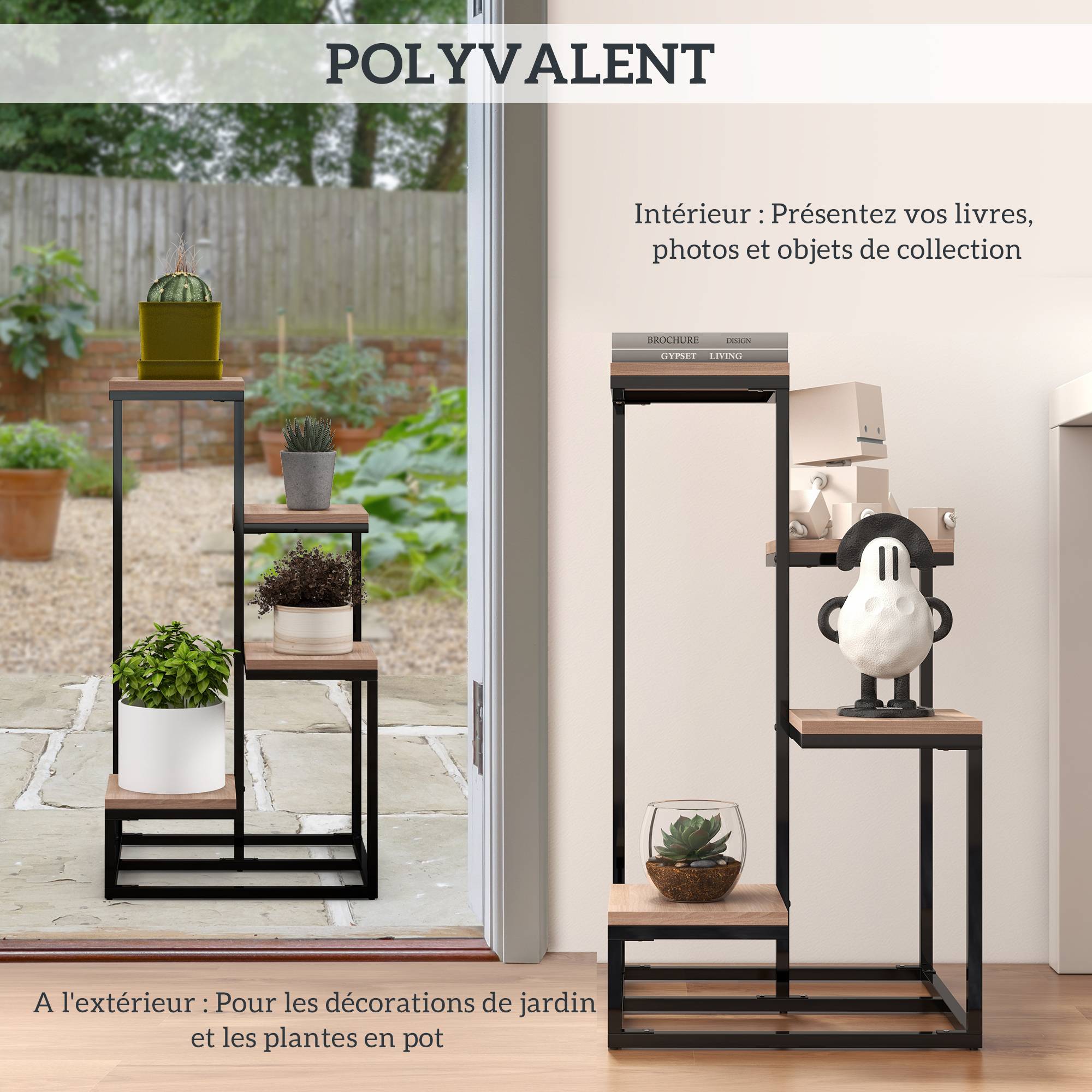 Étagère à plantes 4 niveaux style industriel en métal et bois pour intérieur 40x75,5 cm - ComfortXL Outdoor Living - Image 8