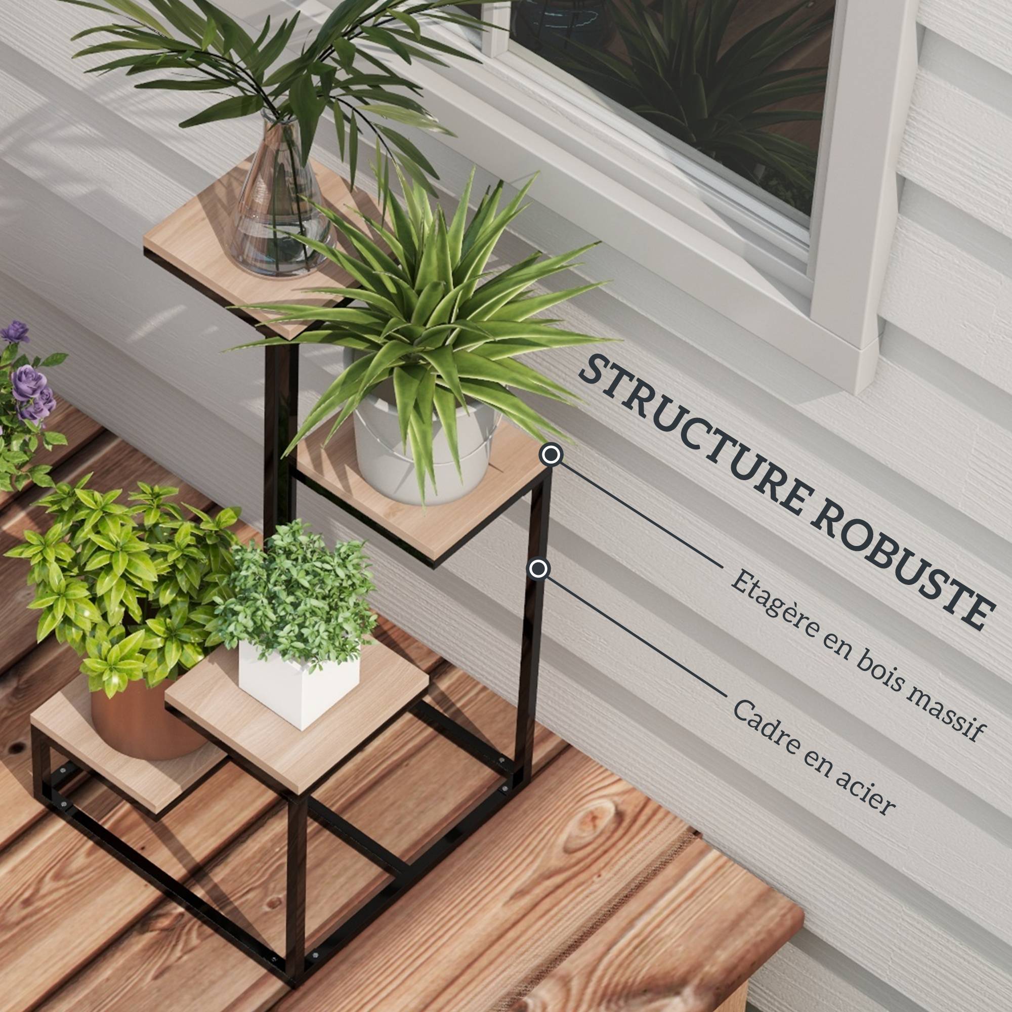Étagère à plantes 4 niveaux style industriel en métal et bois pour intérieur 40x75,5 cm - ComfortXL Outdoor Living - Image 7