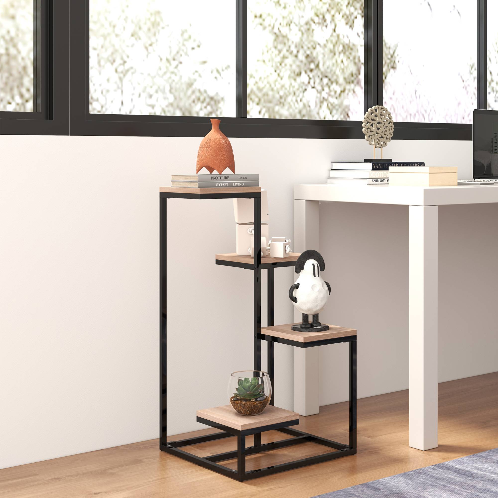 Étagère à plantes 4 niveaux style industriel en métal et bois pour intérieur 40x75,5 cm - ComfortXL Outdoor Living - Image 4
