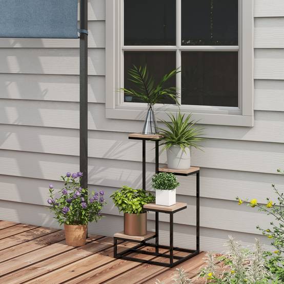 Étagère à plantes 4 niveaux style industriel en métal et bois pour intérieur 40x75,5 cm - ComfortXL Outdoor Living - Image 3
