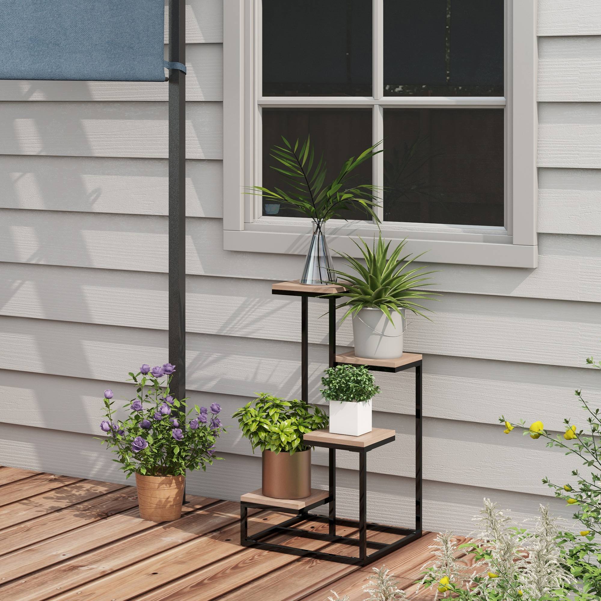 Étagère à plantes 4 niveaux style industriel en métal et bois pour intérieur 40x75,5 cm - ComfortXL Outdoor Living - Image 3
