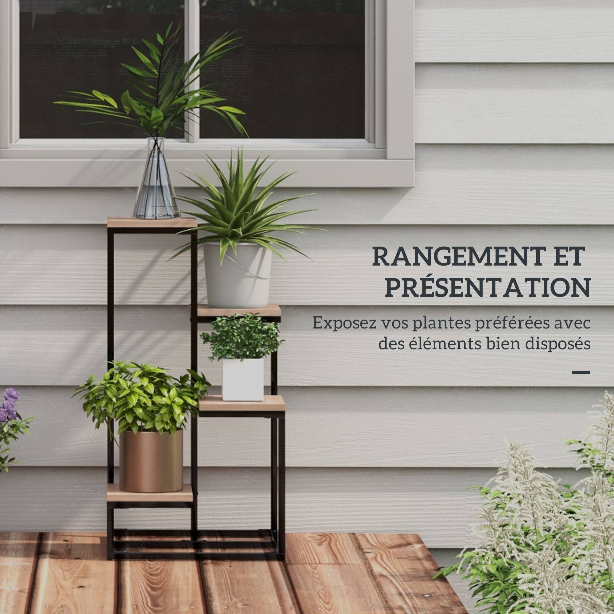 Étagère à plantes 4 niveaux style industriel en métal et bois pour intérieur 40x75,5 cm - ComfortXL Outdoor Living - Image 6