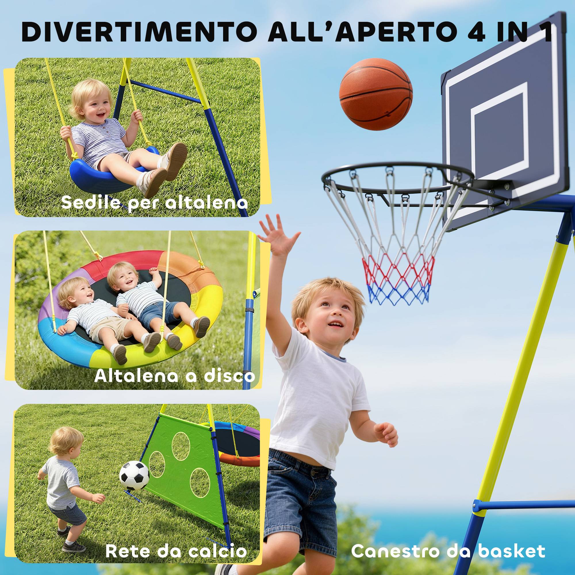 Set balançoire jardin 4-en-1 pour 3-8 ans avec 2 balançoires, panier de basket et but de football, équipement sportif complet - Image 4