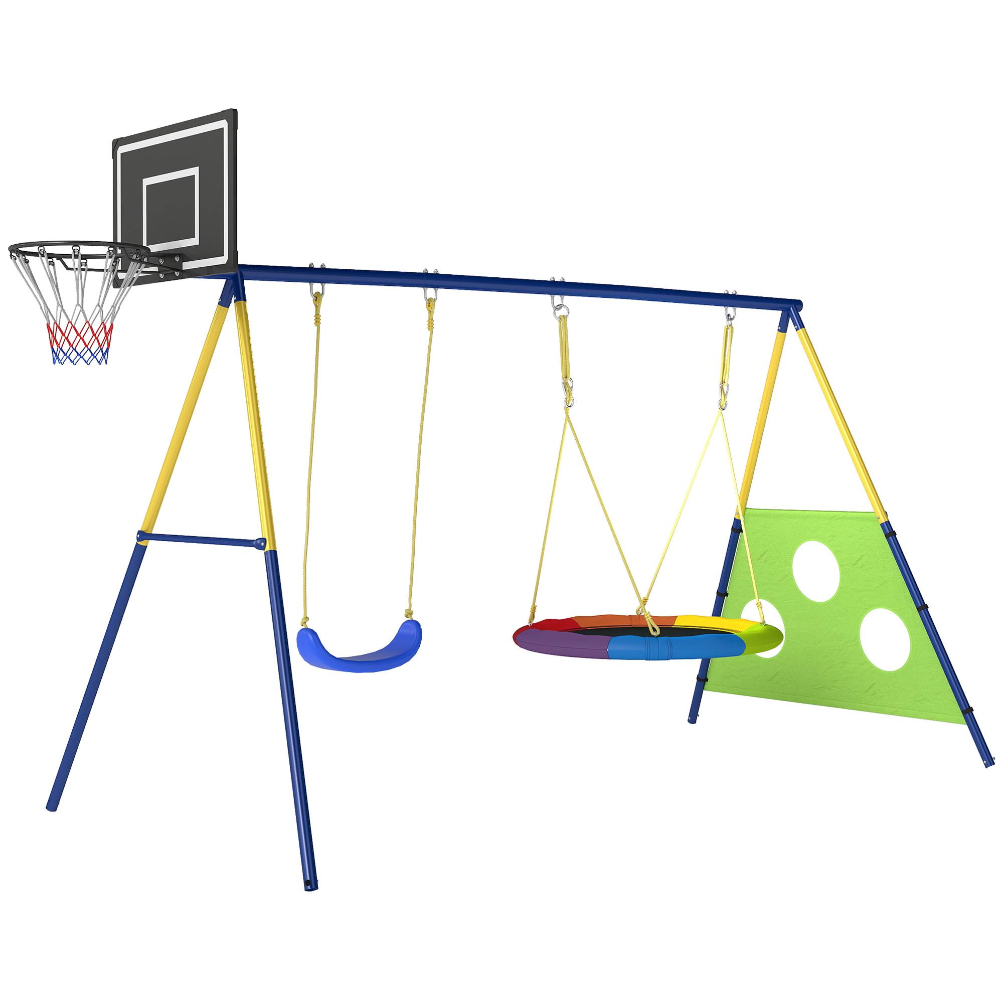 Set balançoire jardin 4-en-1 pour 3-8 ans avec 2 balançoires, panier de basket et but de football, équipement sportif complet - Image 10