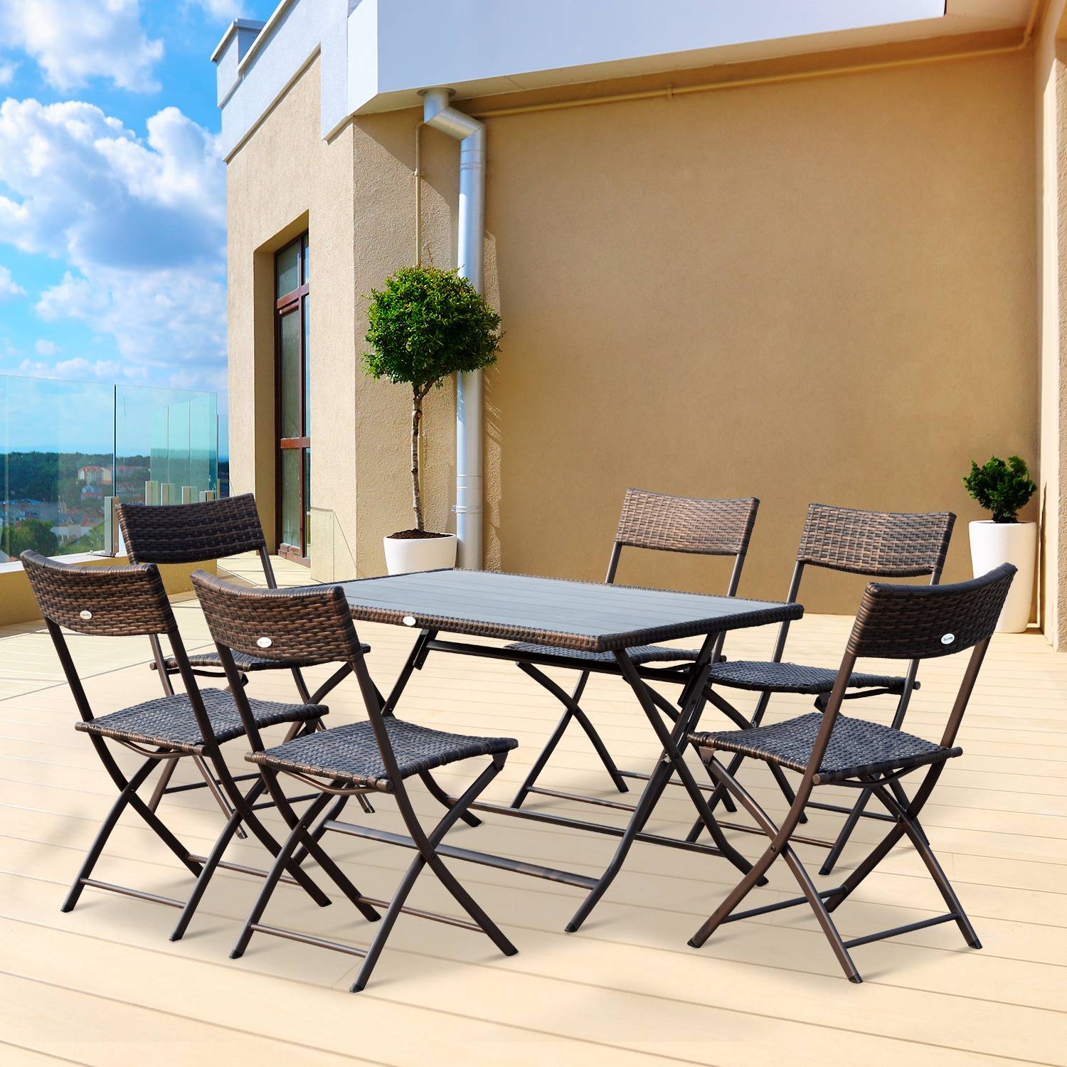 Outsunny - Ensemble salon de jardin 6 personnes grande table rectangulaire pliable + 6 chaises pliantes métal résine tressée PS chocolat - Outsunny - Imagen 2