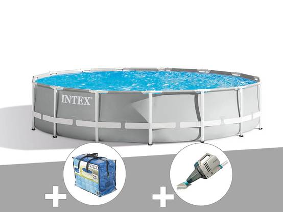 Kit piscine tubulaire Intex Prism Frame ronde 4,57 x 1,07 m + Bâche à bulles + Aspirateur - Image 1