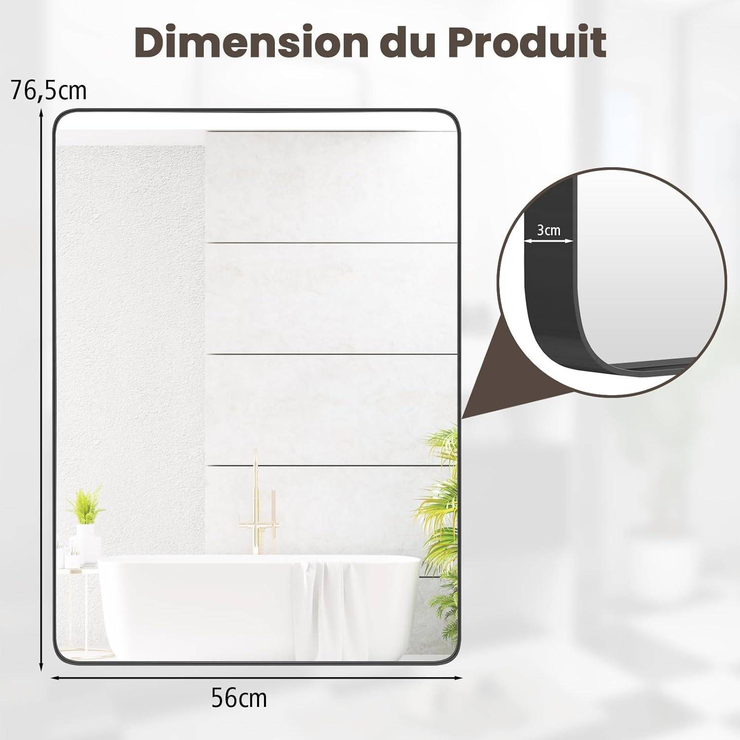 Costway - Miroir de Salle de Bain avec Film Antidéflagrant, Miroir Mural Rectangulaire à Coins Arrondis, Miroir de Courtoisie Cadre Métallique, Noir - Image 9