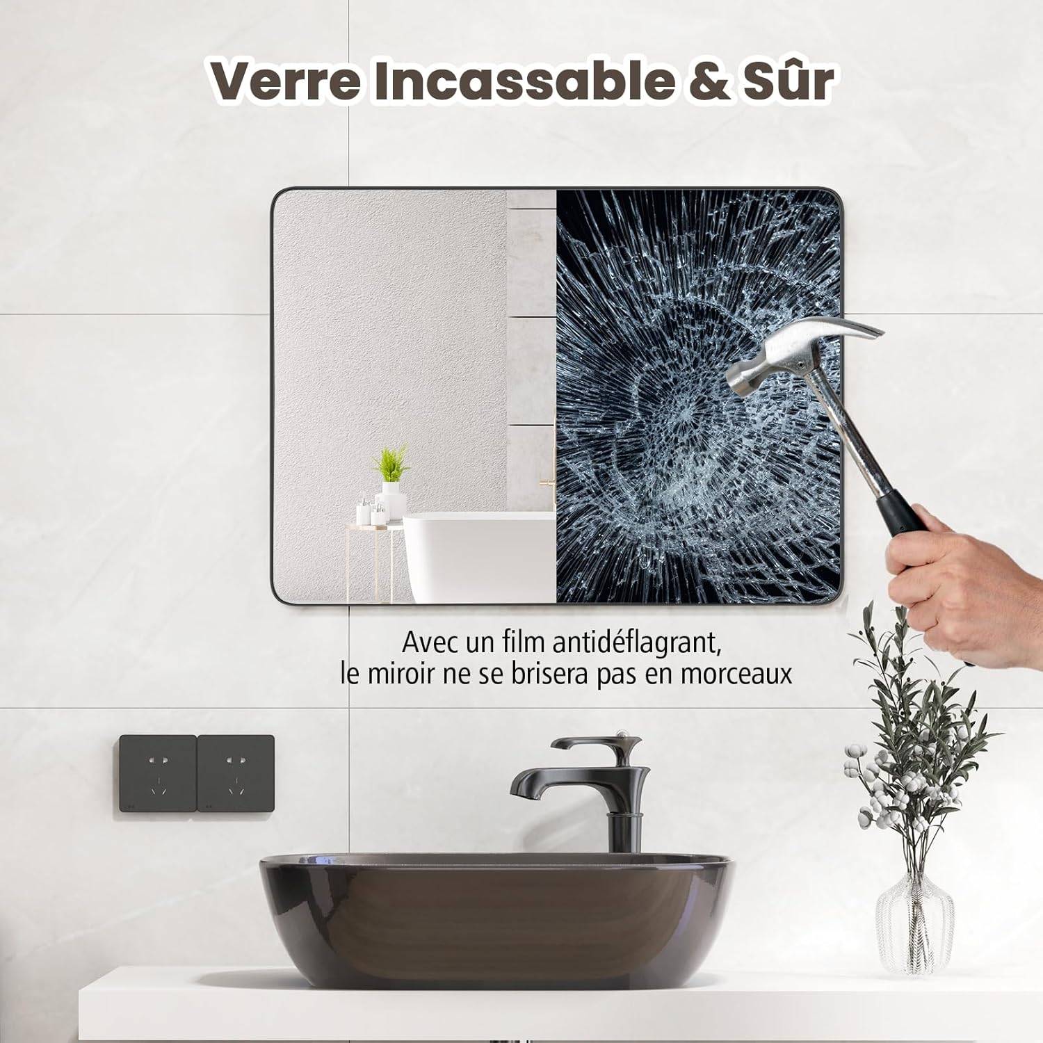 Costway - Miroir de Salle de Bain avec Film Antidéflagrant, Miroir Mural Rectangulaire à Coins Arrondis, Miroir de Courtoisie Cadre Métallique, Noir - Image 6