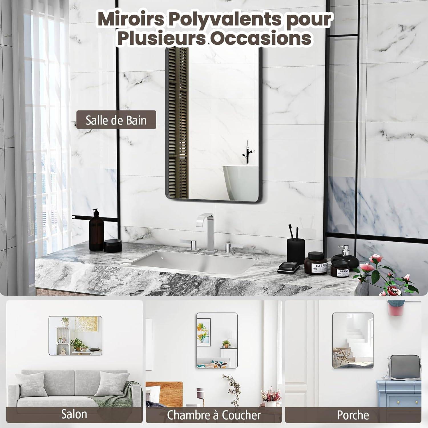 Costway - Miroir de Salle de Bain avec Film Antidéflagrant, Miroir Mural Rectangulaire à Coins Arrondis, Miroir de Courtoisie Cadre Métallique, Noir - Image 8