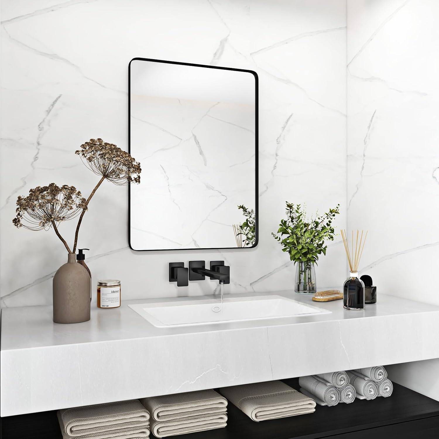 Costway - Miroir de Salle de Bain avec Film Antidéflagrant, Miroir Mural Rectangulaire à Coins Arrondis, Miroir de Courtoisie Cadre Métallique, Noir - Image 5