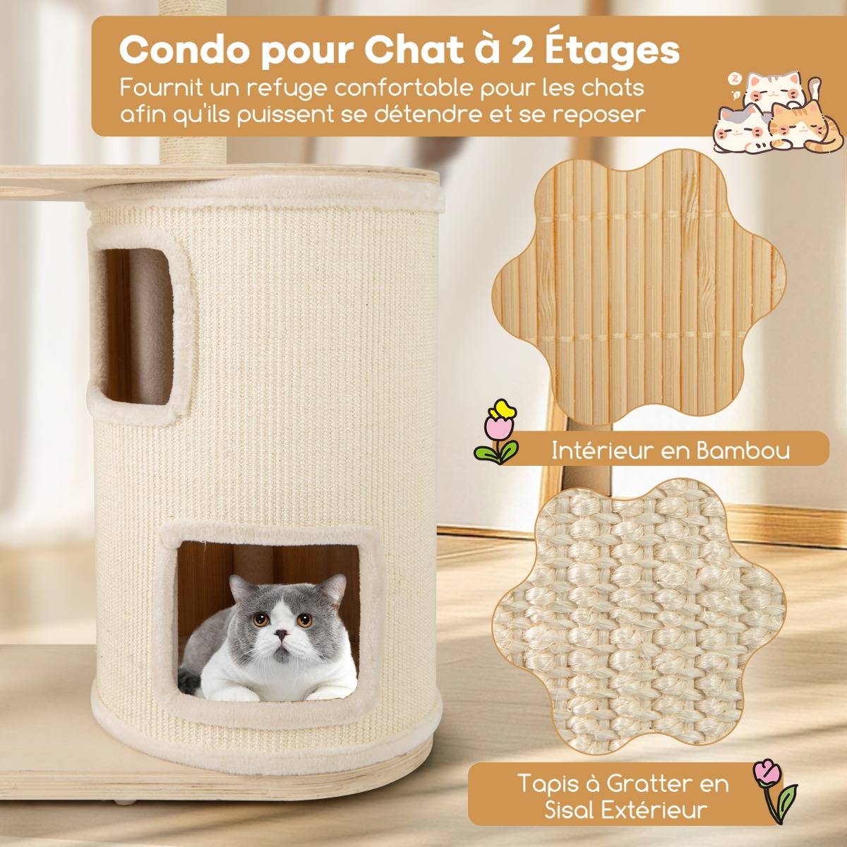 Maison Chic - Arbre à Chats 151cm Tour avec Condo à 2 Étages Poteaux et Tapis de Sisal pour Griffer Perchoir - Image 5