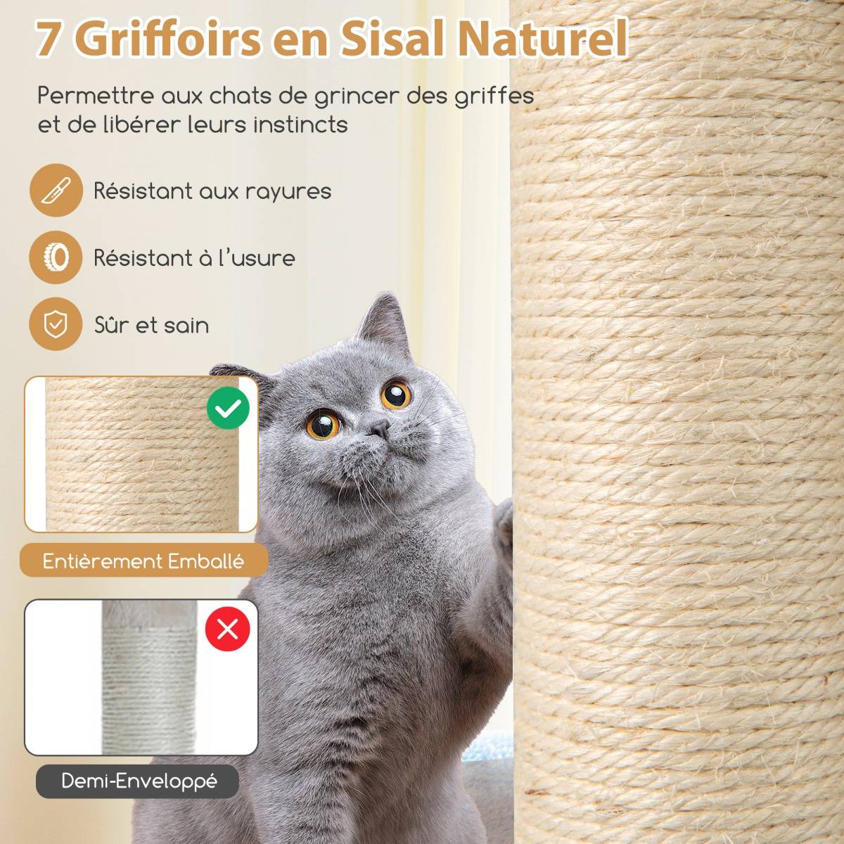 Maison Chic - Arbre à Chats 151cm Tour avec Condo à 2 Étages Poteaux et Tapis de Sisal pour Griffer Perchoir - Image 7