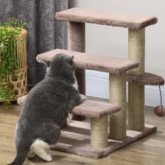 Arbre à chat avec escalier pour animaux, 3 marches, balle de jeu, jusqu'à 5 kg, 45 x 40 x 48 cm, marron - Image 8