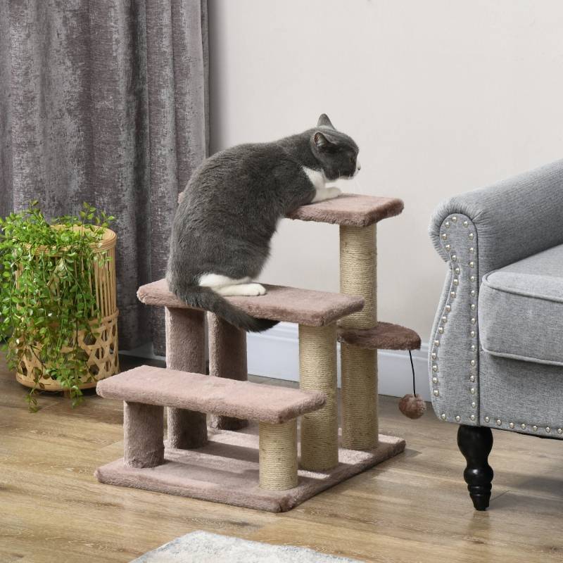 Arbre à chat avec escalier pour animaux, 3 marches, balle de jeu, jusqu'à 5 kg, 45 x 40 x 48 cm, marron - Image 2
