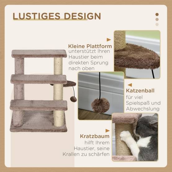 Arbre à chat avec escalier pour animaux, 3 marches, balle de jeu, jusqu'à 5 kg, 45 x 40 x 48 cm, marron - Image 5
