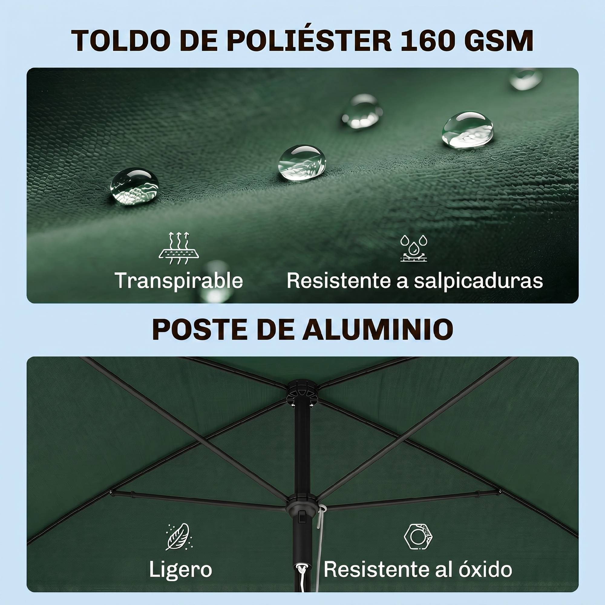 Parasol terrasse aluminium 2x1,3x2,5 m, parasol jardin rectangulaire inclinable, vert - Image 6