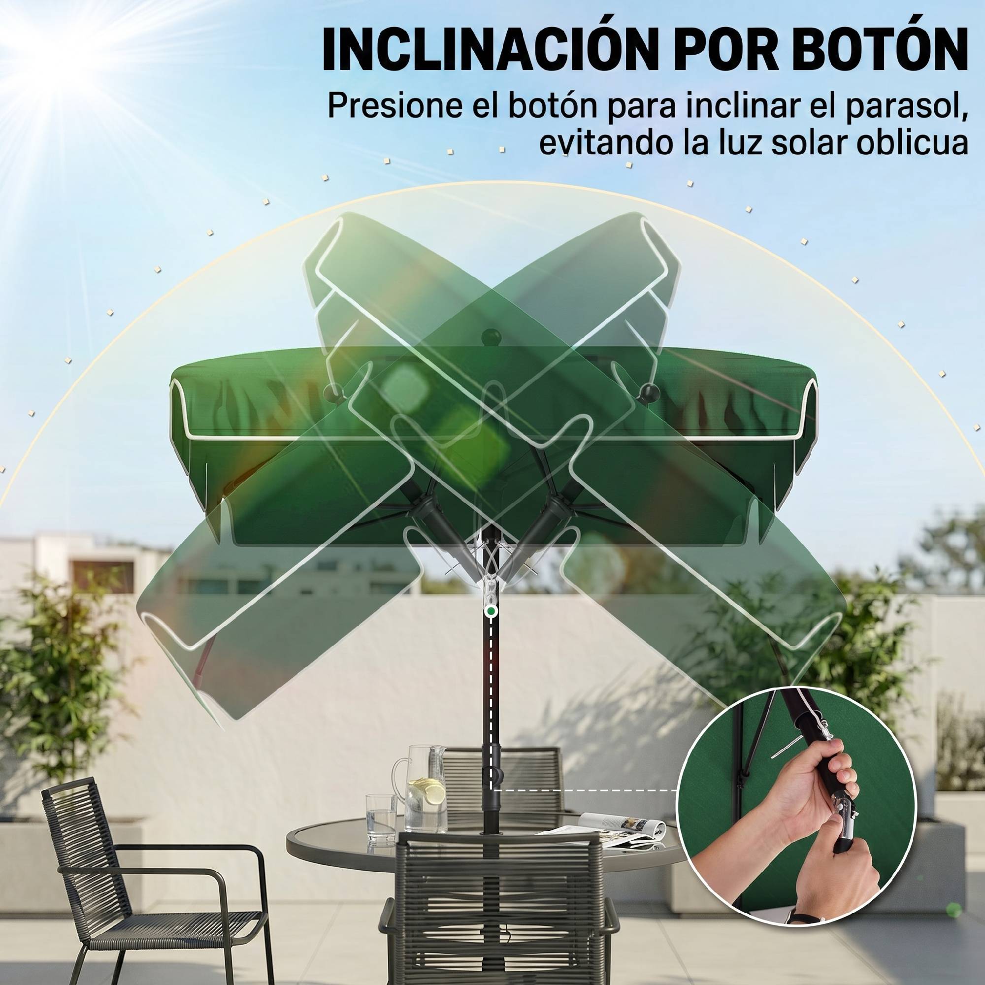 Parasol terrasse aluminium 2x1,3x2,5 m, parasol jardin rectangulaire inclinable, vert - Image 8