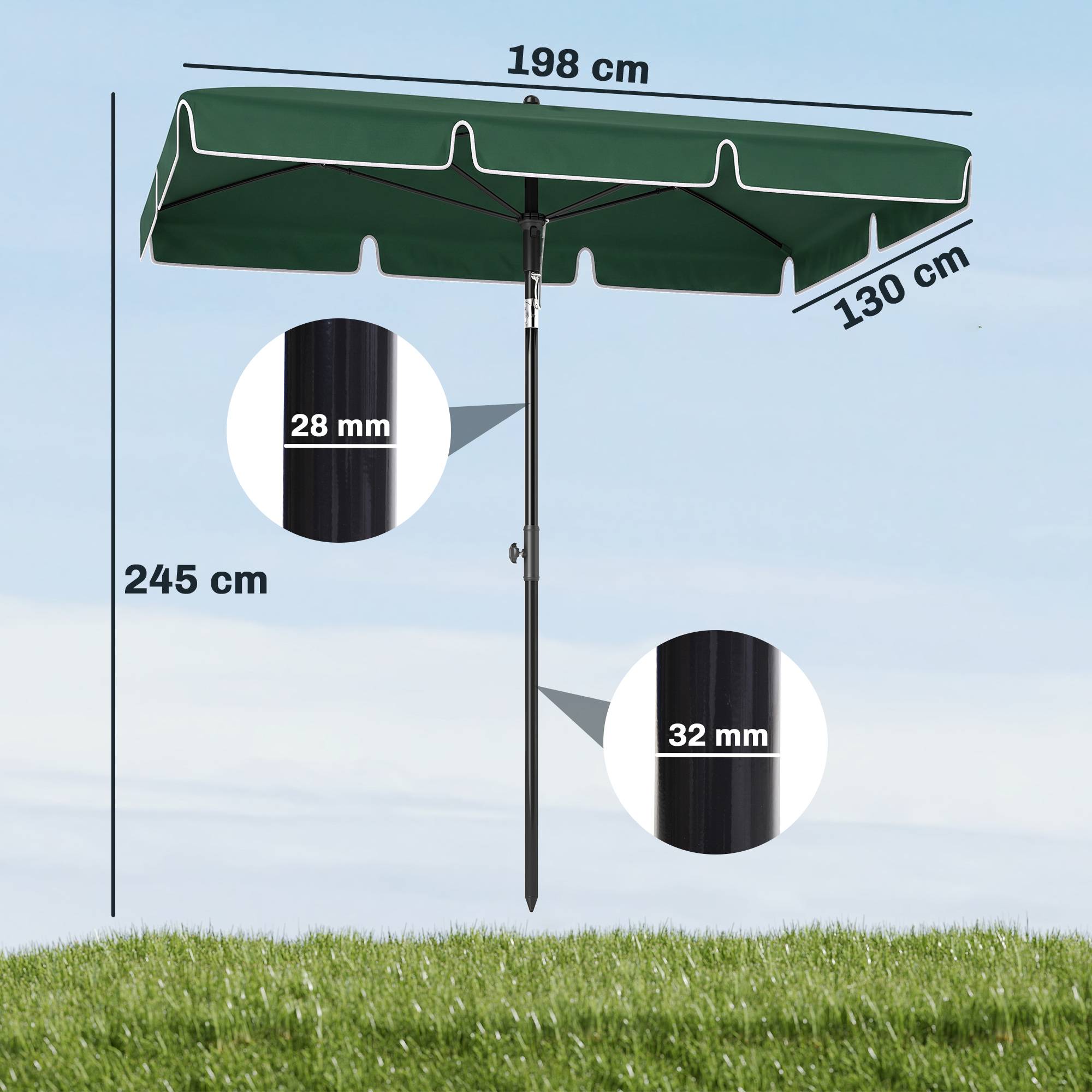 Parasol terrasse aluminium 2x1,3x2,5 m, parasol jardin rectangulaire inclinable, vert - Image 5