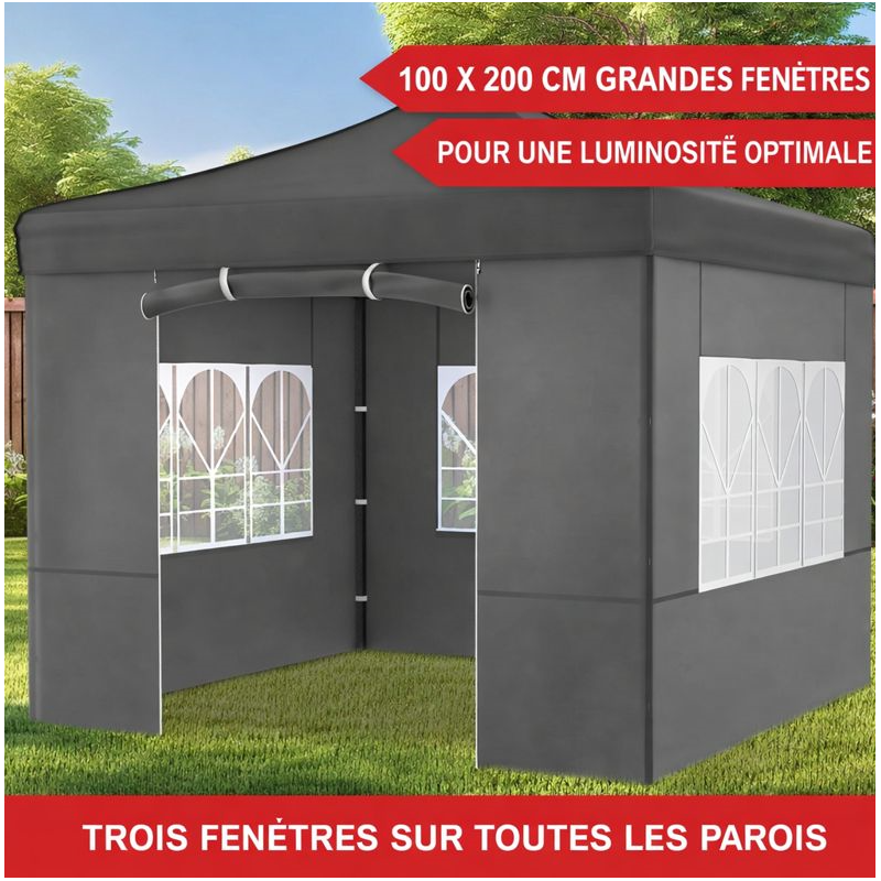 Pavillon 3x3m Tonnelle de jardin pliable Gris avec fenêtres Sac de rangement inclus - Image 5