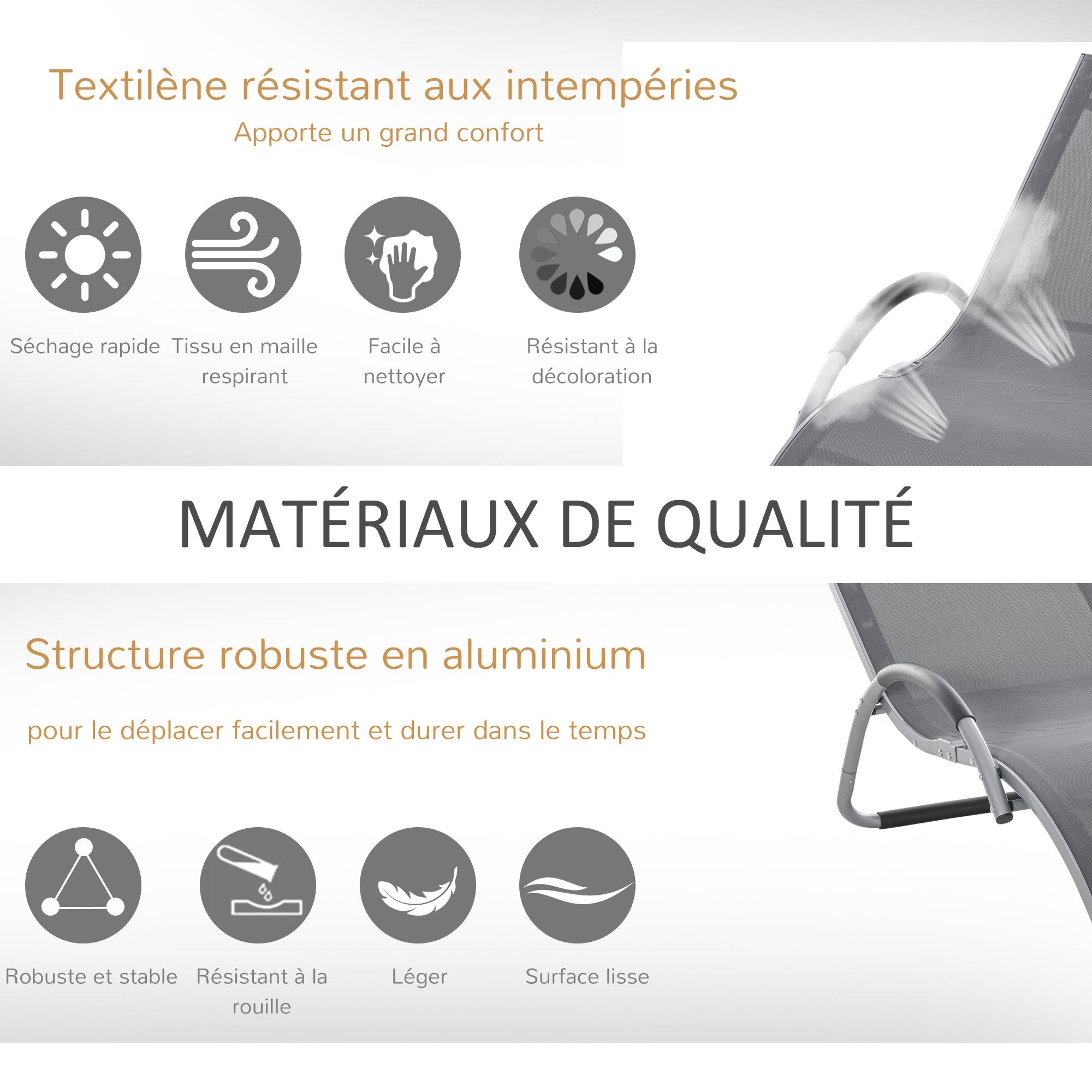 Outsunny - Bain de soleil transat design contemporain avec appui-tête grand confort léger aluminium textilène 160 x 60 x 65 cm gris - Outsunny - Imagen 6