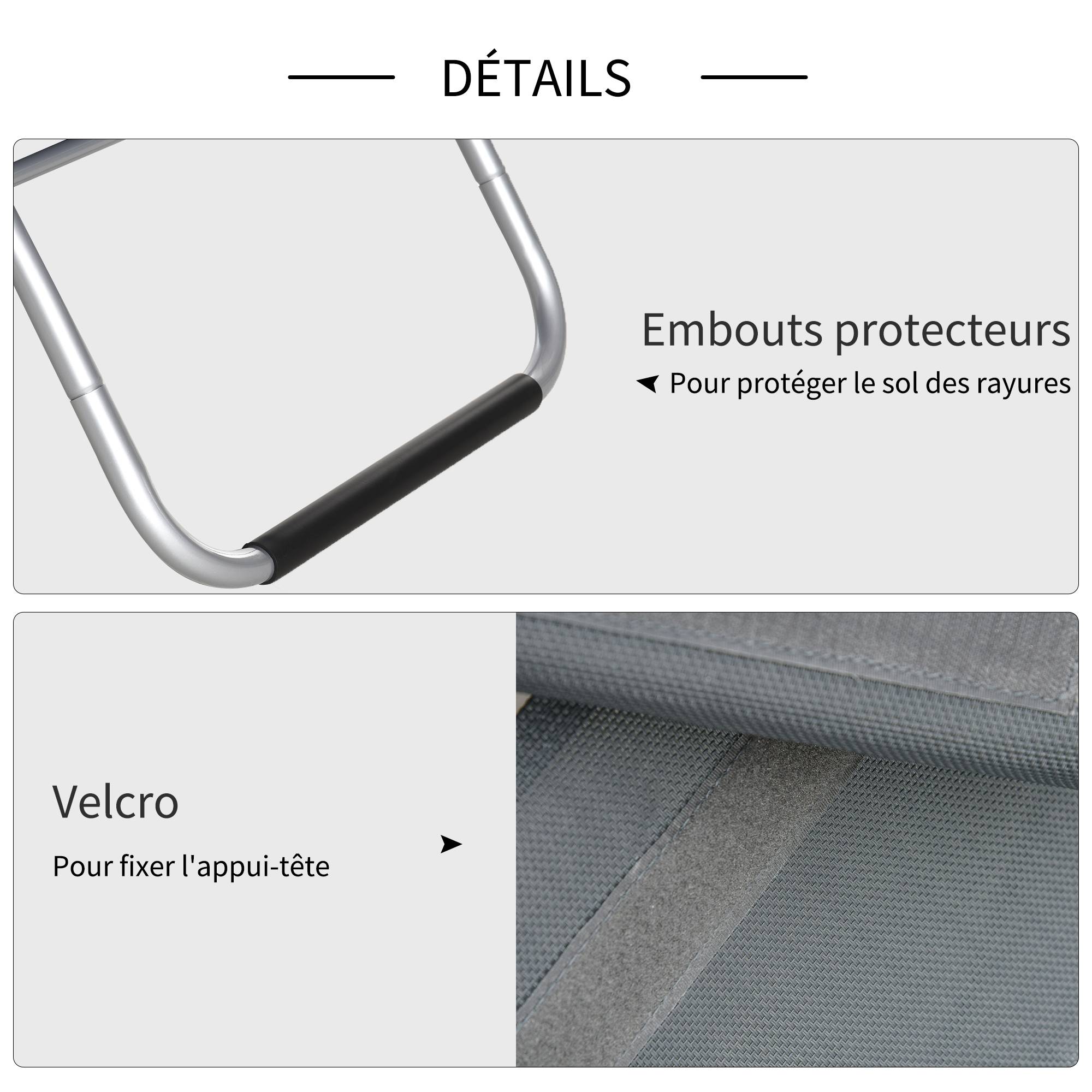 Outsunny - Bain de soleil transat design contemporain avec appui-tête grand confort léger aluminium textilène 160 x 60 x 65 cm gris - Outsunny - Imagen 7