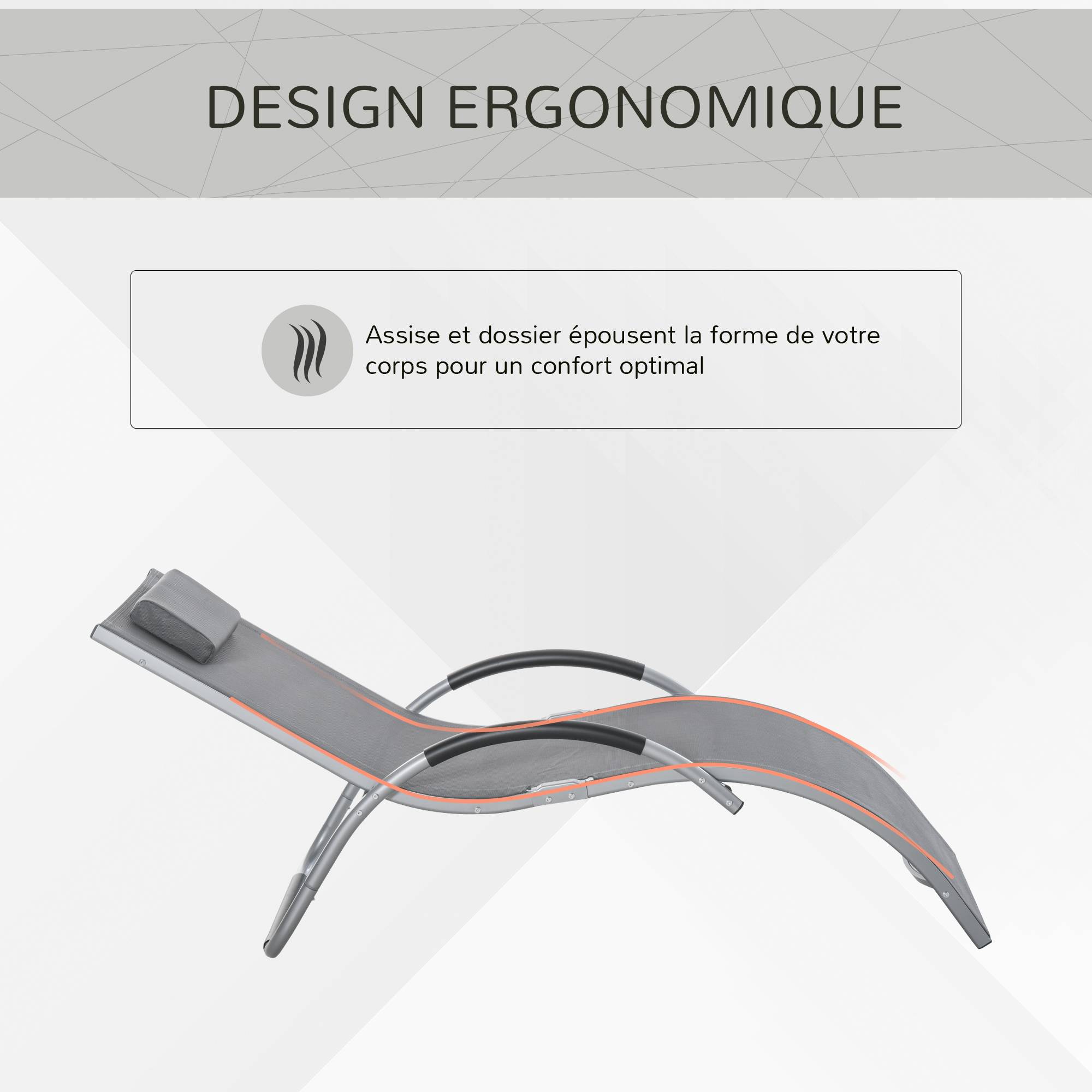 Outsunny - Bain de soleil transat design contemporain avec appui-tête grand confort léger aluminium textilène 160 x 60 x 65 cm gris - Outsunny - Imagen 4