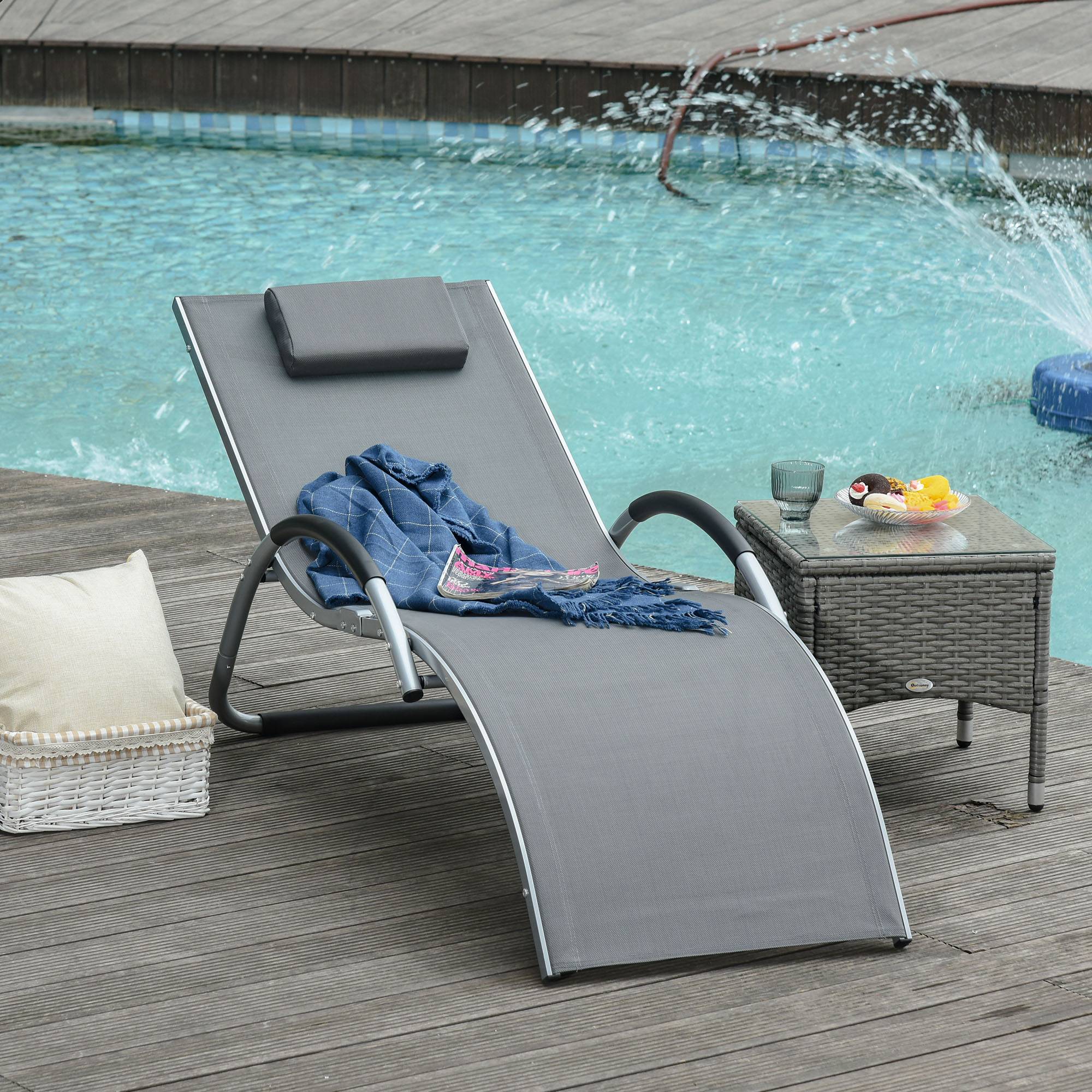 Outsunny - Bain de soleil transat design contemporain avec appui-tête grand confort léger aluminium textilène 160 x 60 x 65 cm gris - Outsunny - Imagen 2