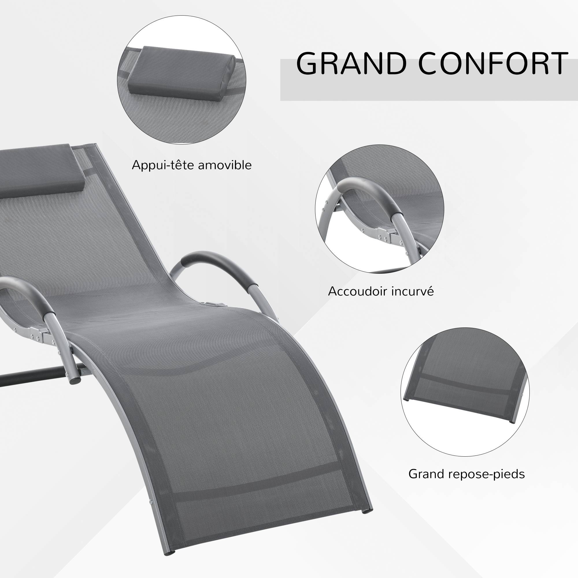 Outsunny - Bain de soleil transat design contemporain avec appui-tête grand confort léger aluminium textilène 160 x 60 x 65 cm gris - Outsunny - Imagen 5
