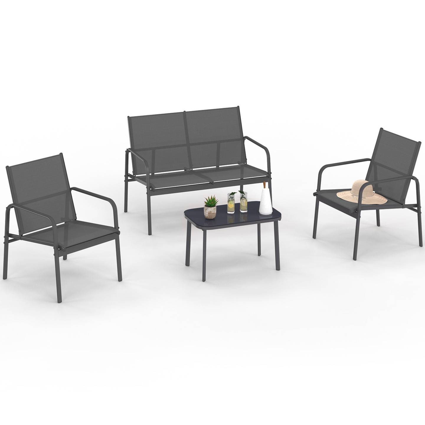 Salon de jardin bas TOLEDE 4 places avec canapé, fauteuils et table gris anthracite - Image 2