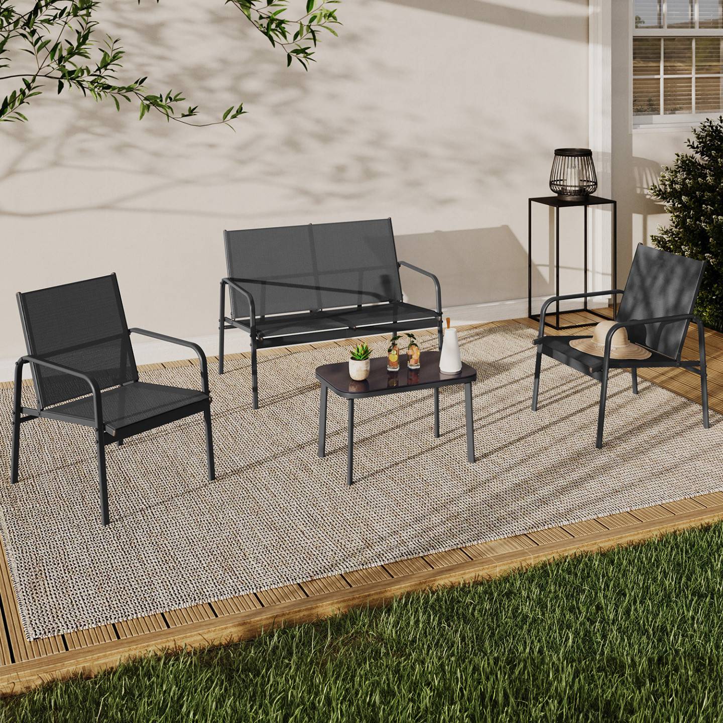 Salon de jardin bas TOLEDE 4 places avec canapé, fauteuils et table gris anthracite - Image 1