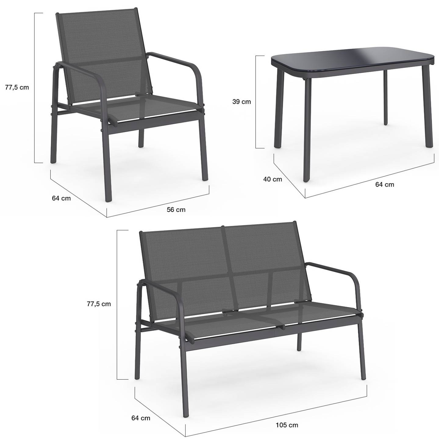 Salon de jardin bas TOLEDE 4 places avec canapé, fauteuils et table gris anthracite - Image 5