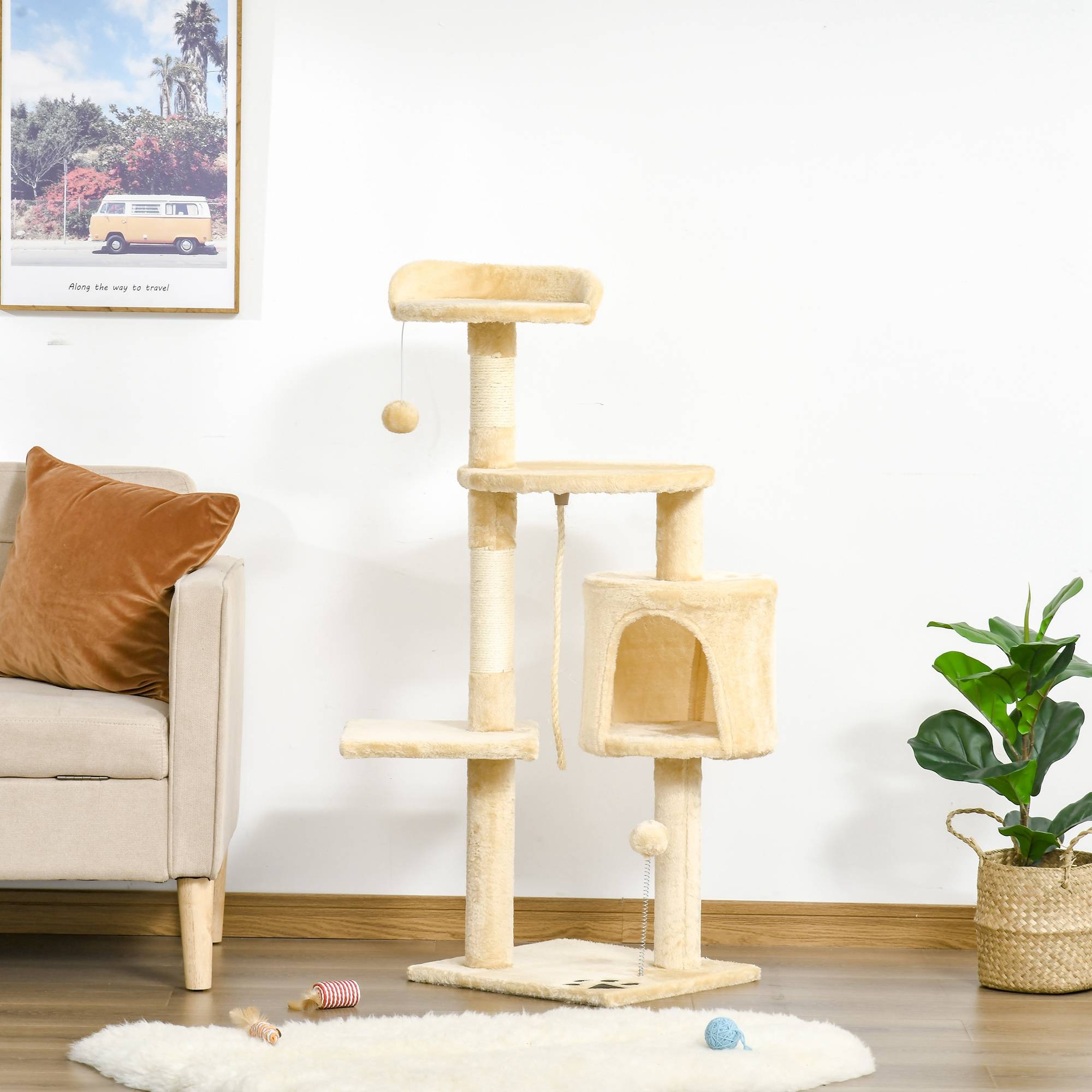 Sans Marque - Arbre à chat bois 4 niveaux niche jouets balle corde structure chat intérieur 114 cm - Image 4