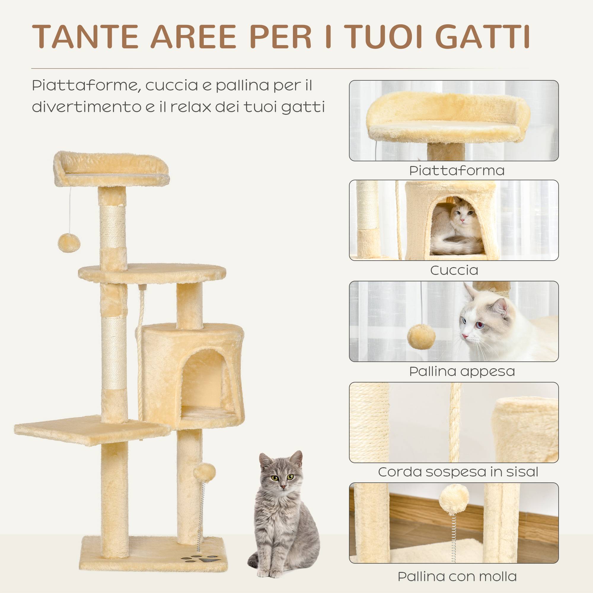 Sans Marque - Arbre à chat bois 4 niveaux niche jouets balle corde structure chat intérieur 114 cm - Image 7