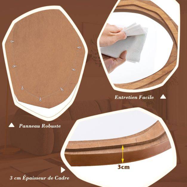 Helloshop26 - Miroir décoratif à cadre irrégulier grand miroir mural imperméable de 89,5 x 66 cm avec vis d'expansion miroir mural élégant pour salon naturel - Imagen 4