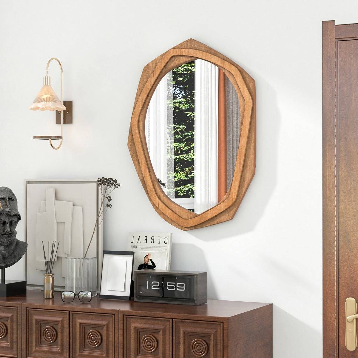 Helloshop26 - Miroir décoratif à cadre irrégulier grand miroir mural imperméable de 89,5 x 66 cm avec vis d'expansion miroir mural élégant pour salon naturel - Imagen 3