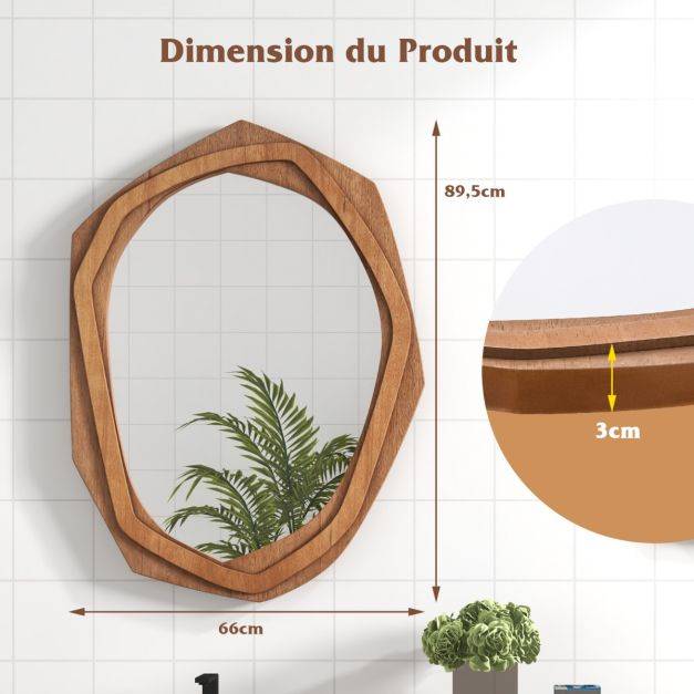 Helloshop26 - Miroir décoratif à cadre irrégulier grand miroir mural imperméable de 89,5 x 66 cm avec vis d'expansion miroir mural élégant pour salon naturel - Imagen 5
